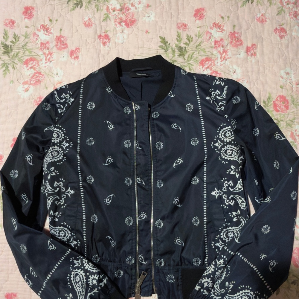 Theory Navy Blue Bandana Print Bomber Jacket